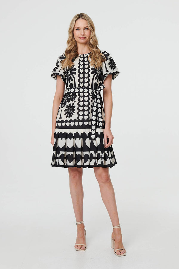 Black | Heart Print Tie Waist Short Skater Dress