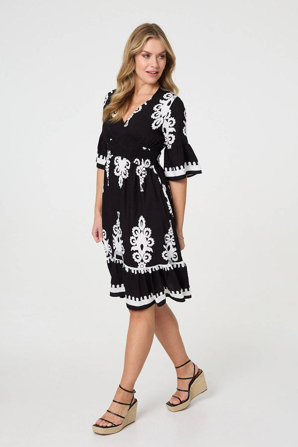 Black | Ikat Print 1/2 Sleeve Relaxed Short Dress