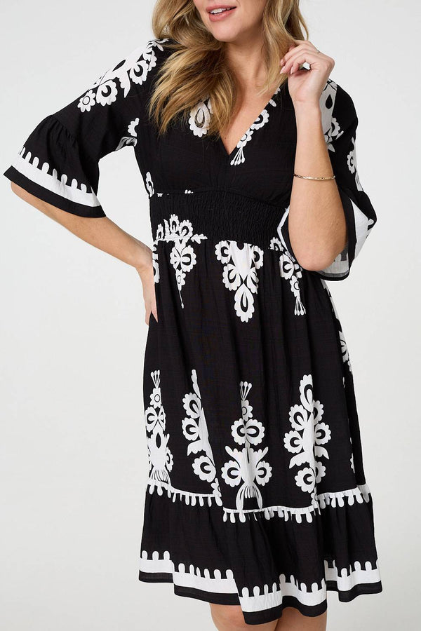 Black | Ikat Print 1/2 Sleeve Relaxed Short Dress