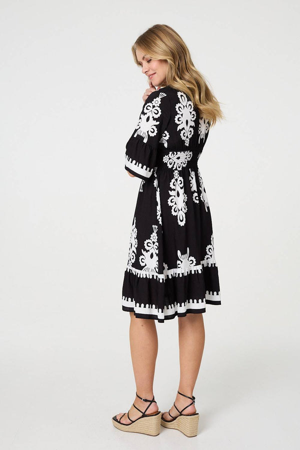Black | Ikat Print 1/2 Sleeve Relaxed Short Dress