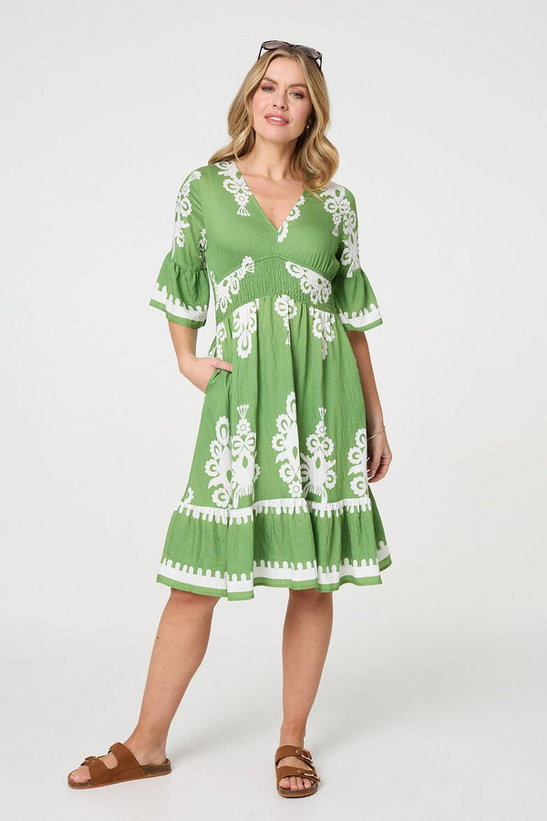 Green | Ikat Print 1/2 Sleeve Relaxed Short Dress