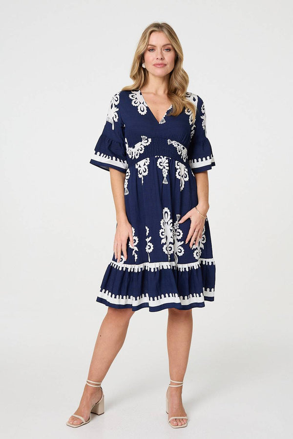 Navy | Ikat Print 1/2 Sleeve Relaxed Short Dress