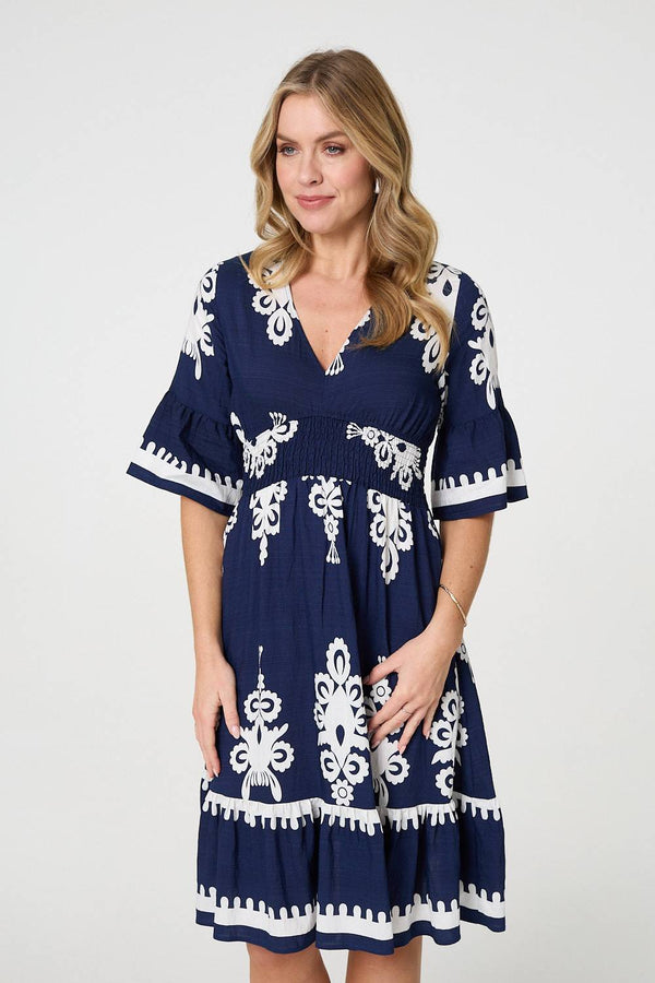 Navy | Ikat Print 1/2 Sleeve Relaxed Short Dress