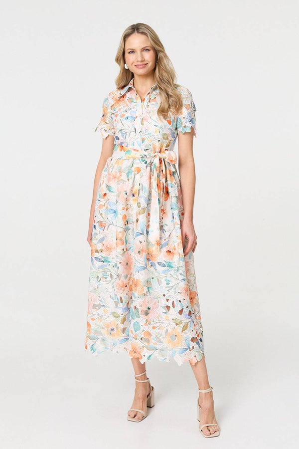 Orange | Floral Cut Out Tie Waist Midi Shirt Dress