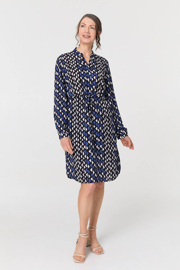 Blue | Geo Print Tie Waist Knee Length Dress