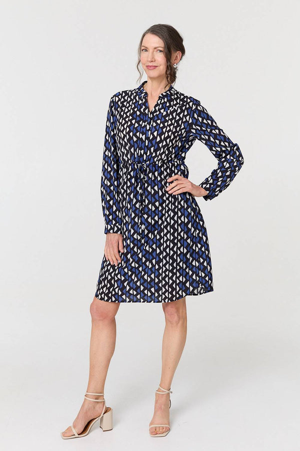 Blue | Geo Print Tie Waist Knee Length Dress