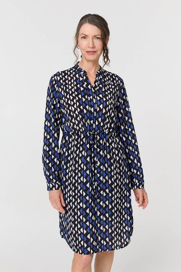 Blue | Geo Print Tie Waist Knee Length Dress
