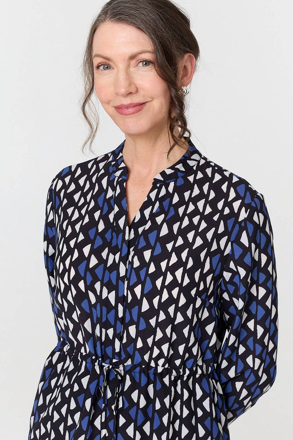 Blue | Geo Print Tie Waist Knee Length Dress