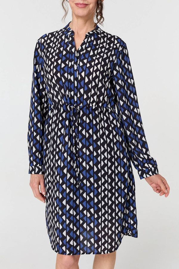 Blue | Geo Print Tie Waist Knee Length Dress