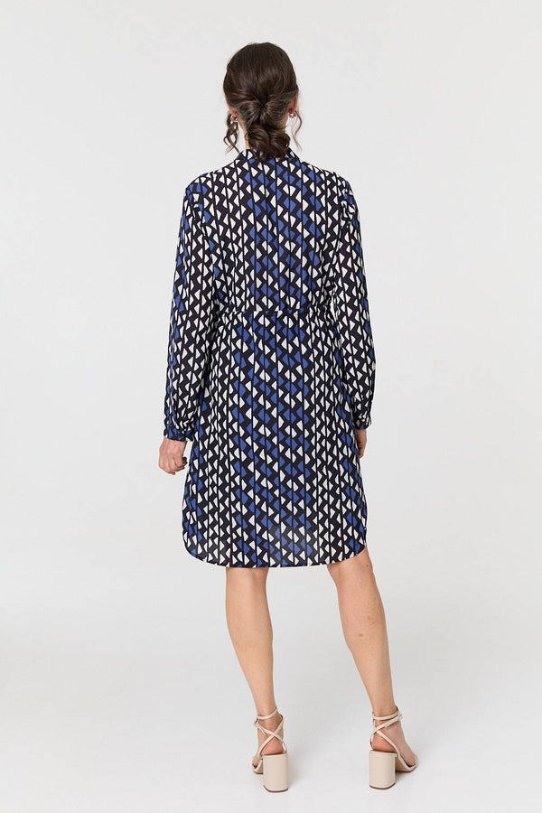 Blue | Geo Print Tie Waist Knee Length Dress