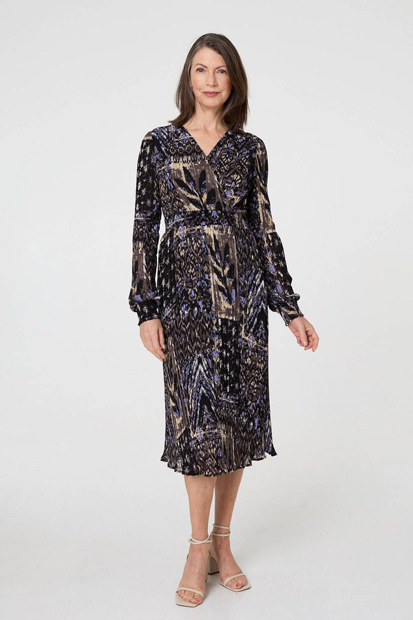 Black | Printed Shirred Waist Midi Wrap Dress