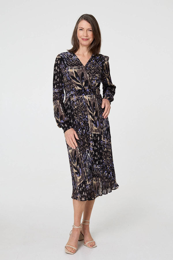 Black | Printed Shirred Waist Midi Wrap Dress