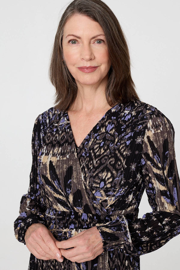 Black | Printed Shirred Waist Midi Wrap Dress