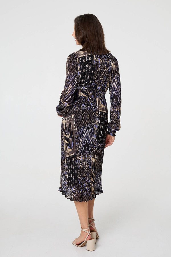 Black | Printed Shirred Waist Midi Wrap Dress