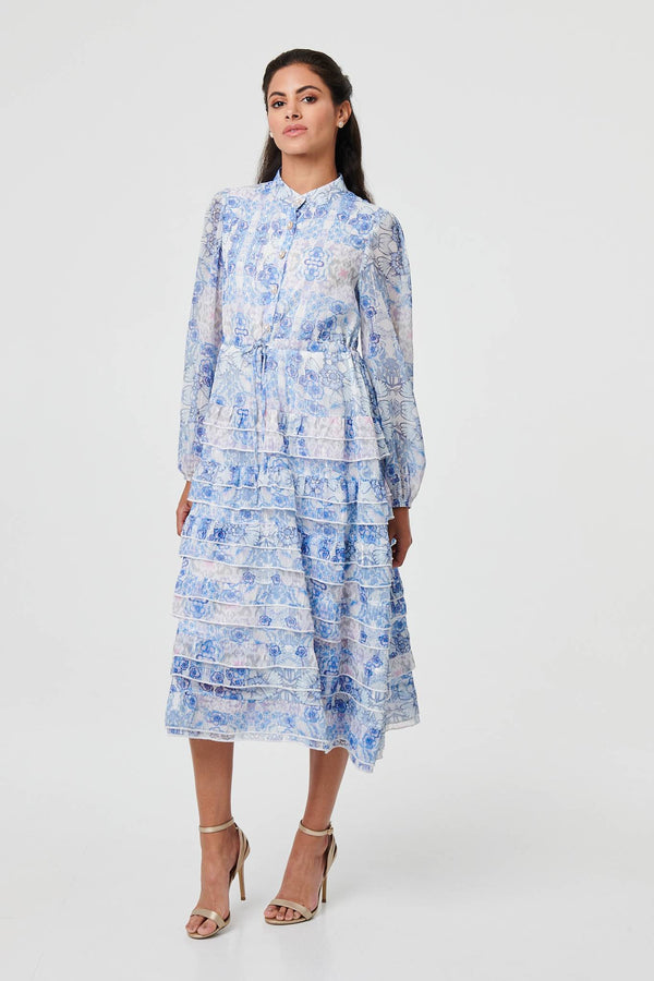 Blue | Floral Tie Waist Frill Midi Shirt Dress