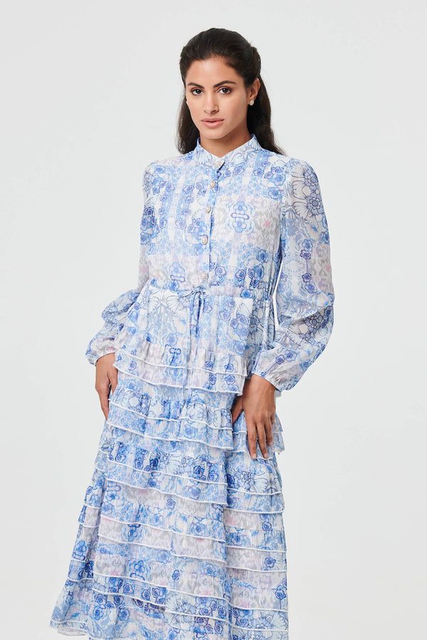 Blue | Floral Tie Waist Frill Midi Shirt Dress