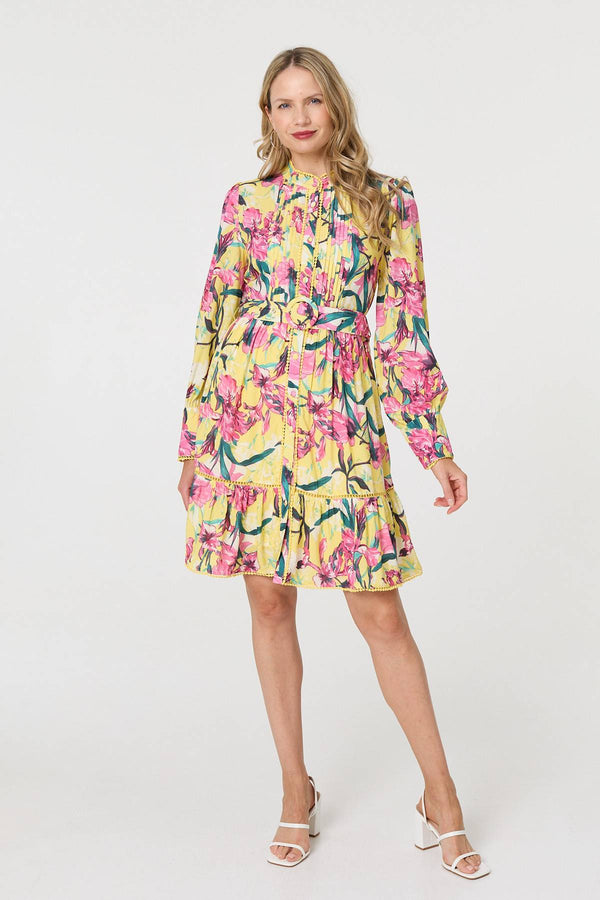 Yellow | Floral High Neck Long Sleeve Short Dress