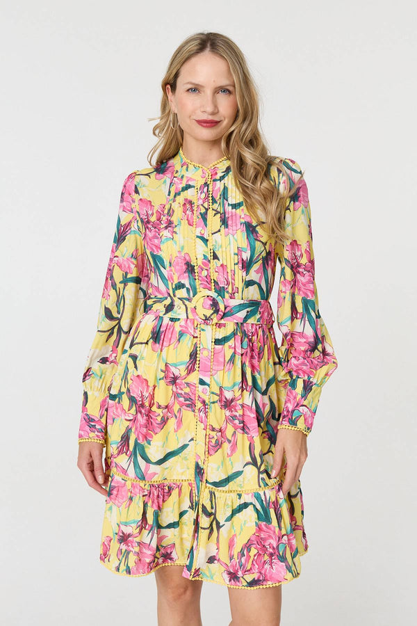 Yellow | Floral High Neck Long Sleeve Short Dress