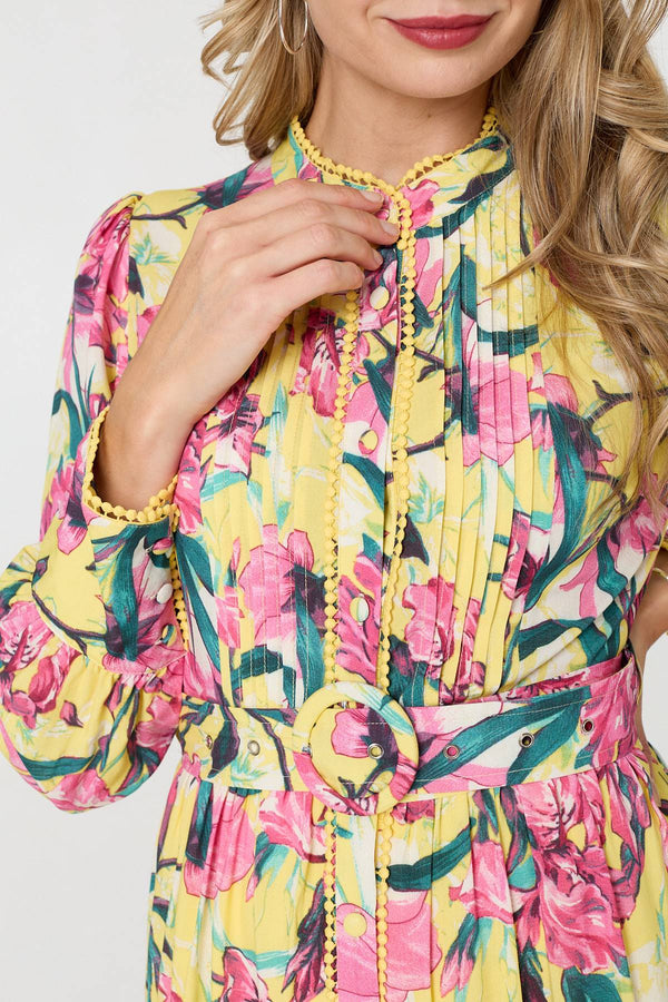 Yellow | Floral High Neck Long Sleeve Short Dress