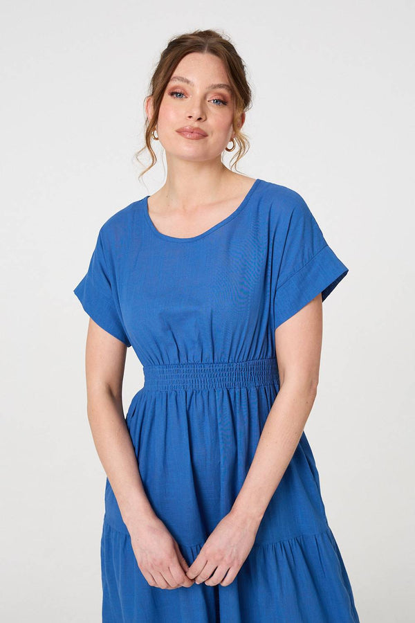 Blue | Relaxed Short Sleeve Tiered Midi Dress