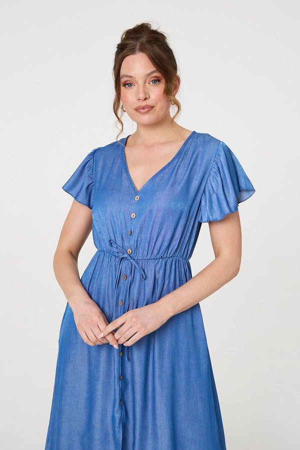 Blue | Short Sleeve Drawstring Waist Midi Dress
