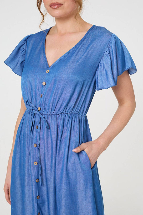 Blue | Short Sleeve Drawstring Waist Midi Dress