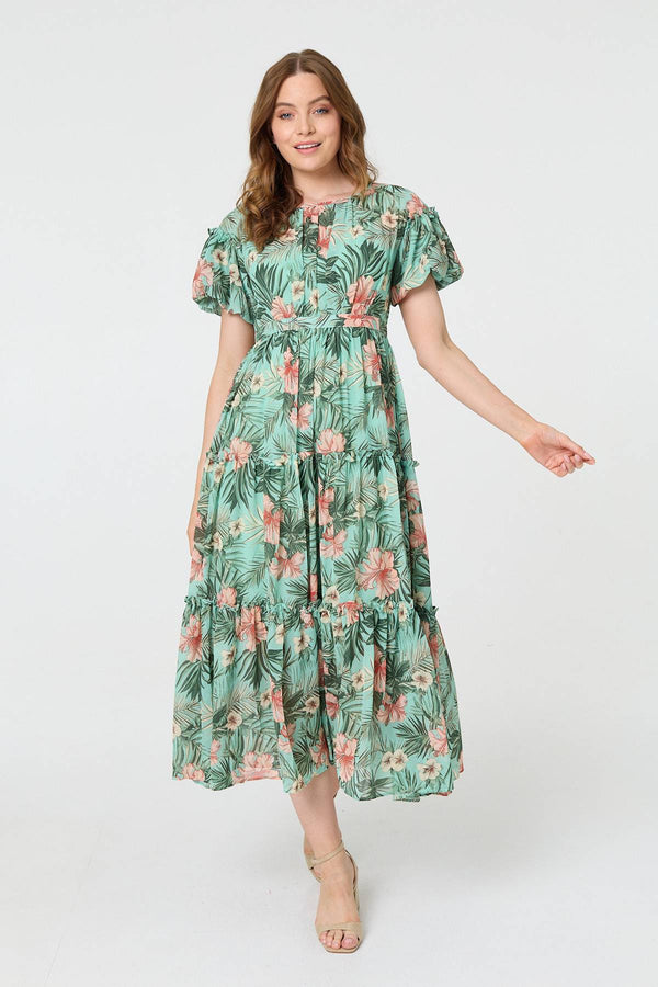 Green | Tropical Print Frill Tiered Midi Dress