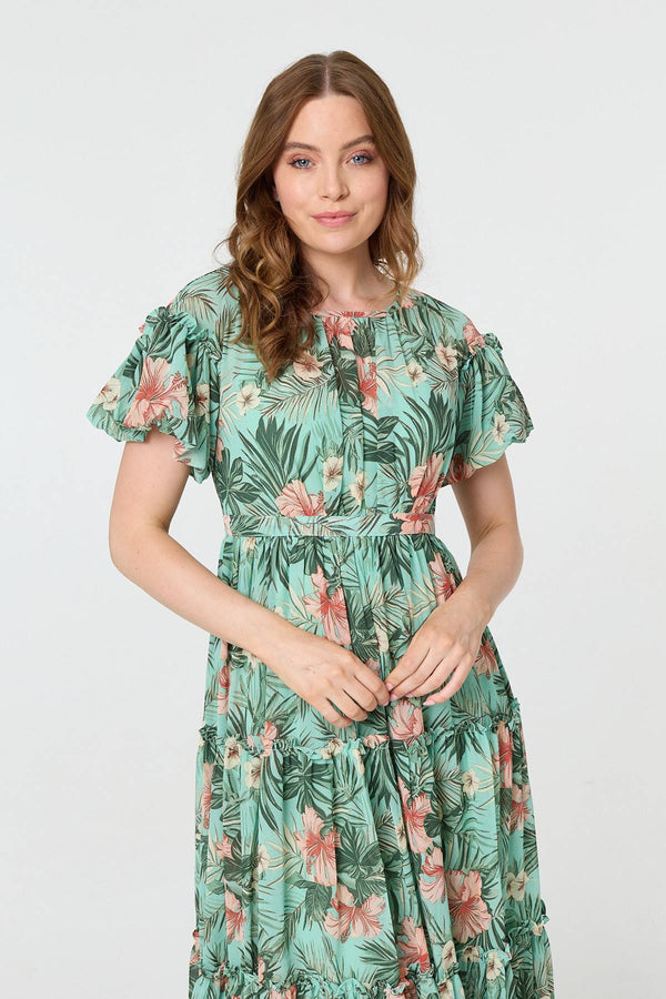 Green | Tropical Print Frill Tiered Midi Dress