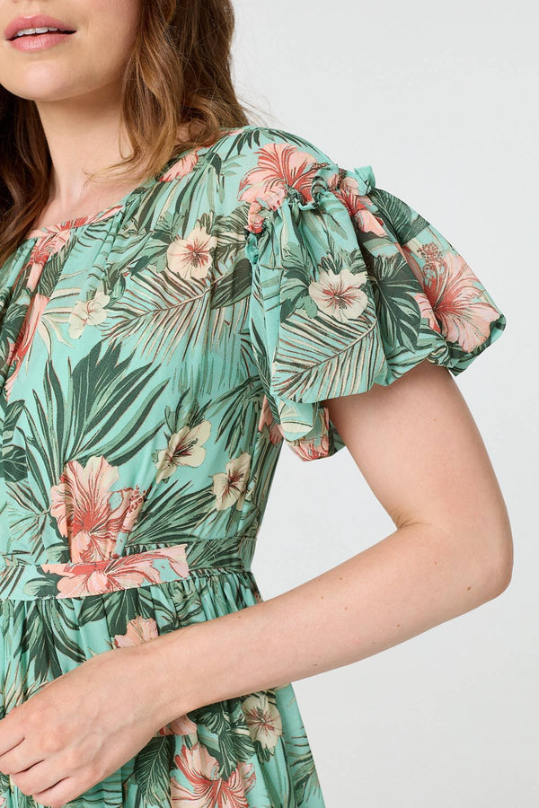 Green | Tropical Print Frill Tiered Midi Dress