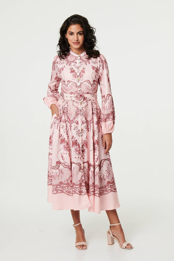 Pink | Printed Long Sleeve High Neck Midi Dress