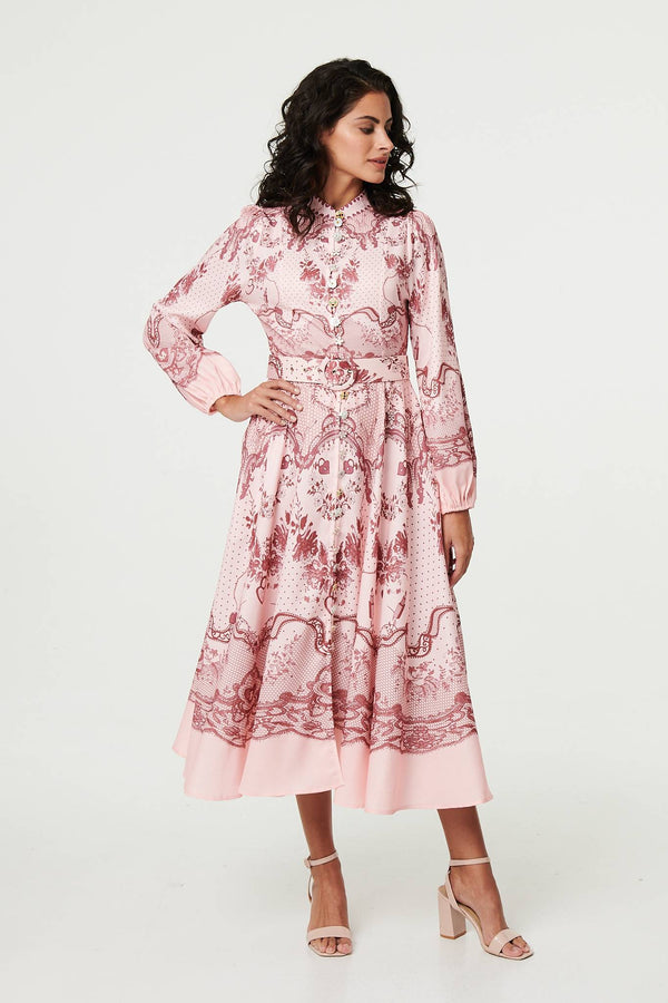 Pink | Printed Long Sleeve High Neck Midi Dress