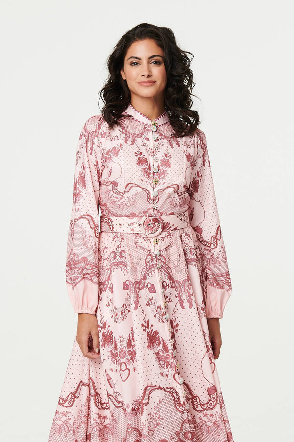Pink | Printed Long Sleeve High Neck Midi Dress