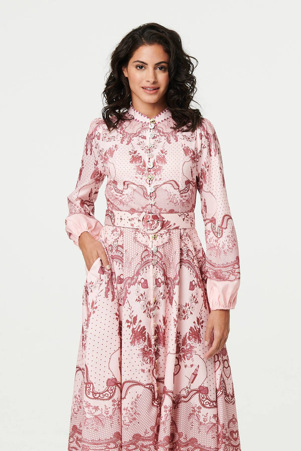 Pink | Printed Long Sleeve High Neck Midi Dress