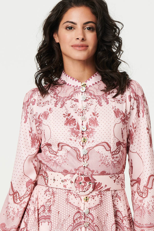Pink | Printed Long Sleeve High Neck Midi Dress