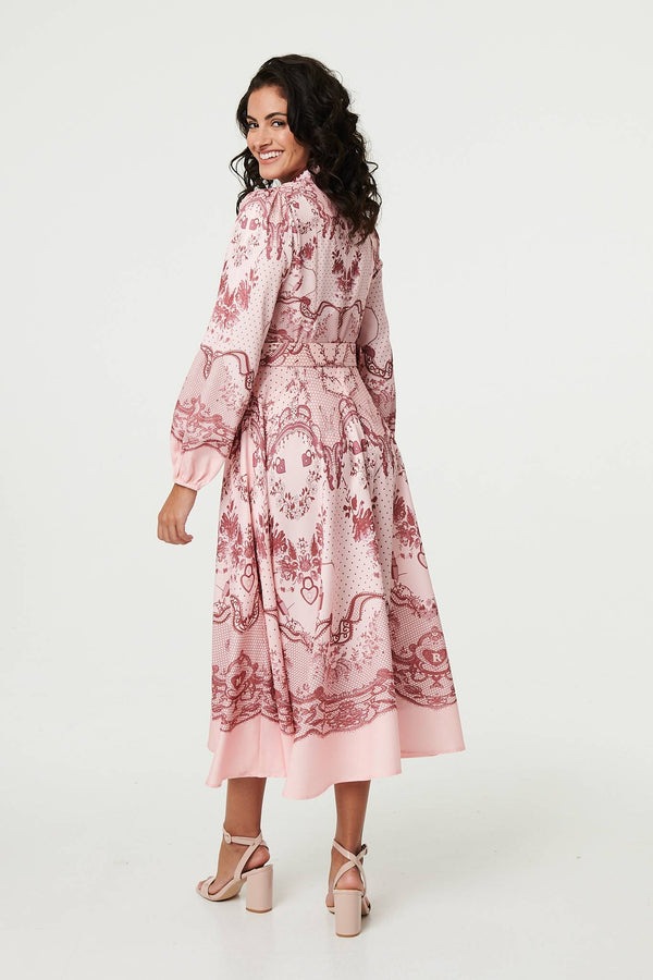 Pink | Printed Long Sleeve High Neck Midi Dress