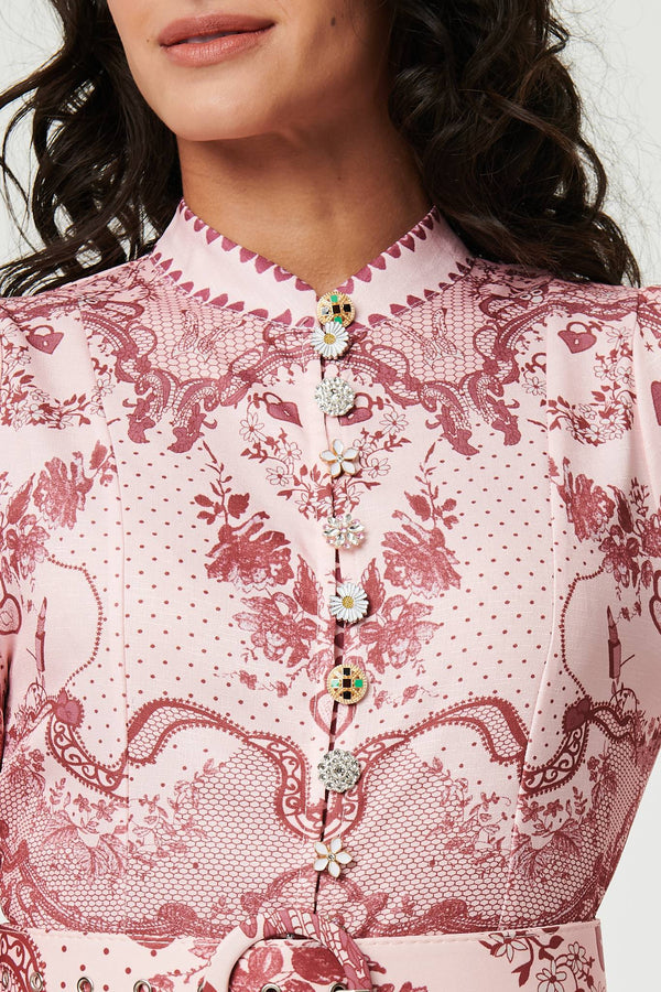 Pink | Printed Long Sleeve High Neck Midi Dress