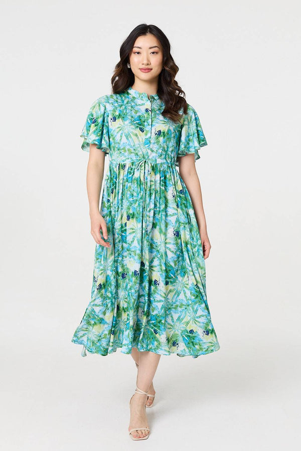 Green | Leaf Print Tie Waist Pleated Midi Dress
