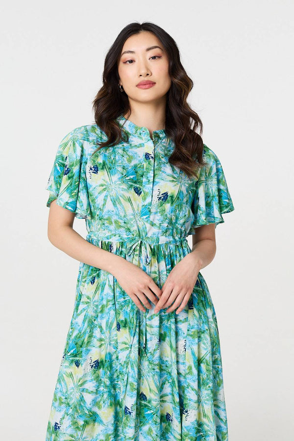 Green | Leaf Print Tie Waist Pleated Midi Dress