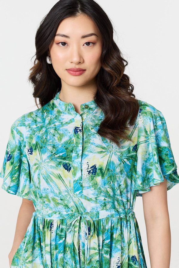 Green | Leaf Print Tie Waist Pleated Midi Dress