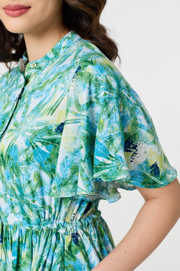 Green | Leaf Print Tie Waist Pleated Midi Dress