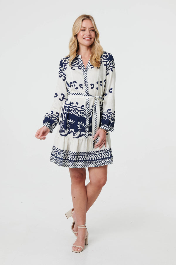Blue | Border Print Tie Waist Short Shirt Dress