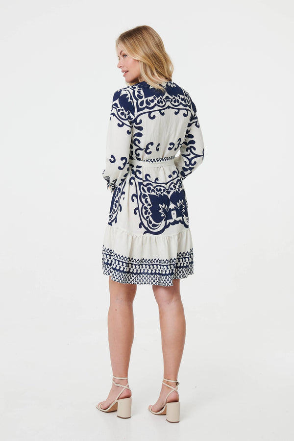 Blue | Border Print Tie Waist Short Shirt Dress