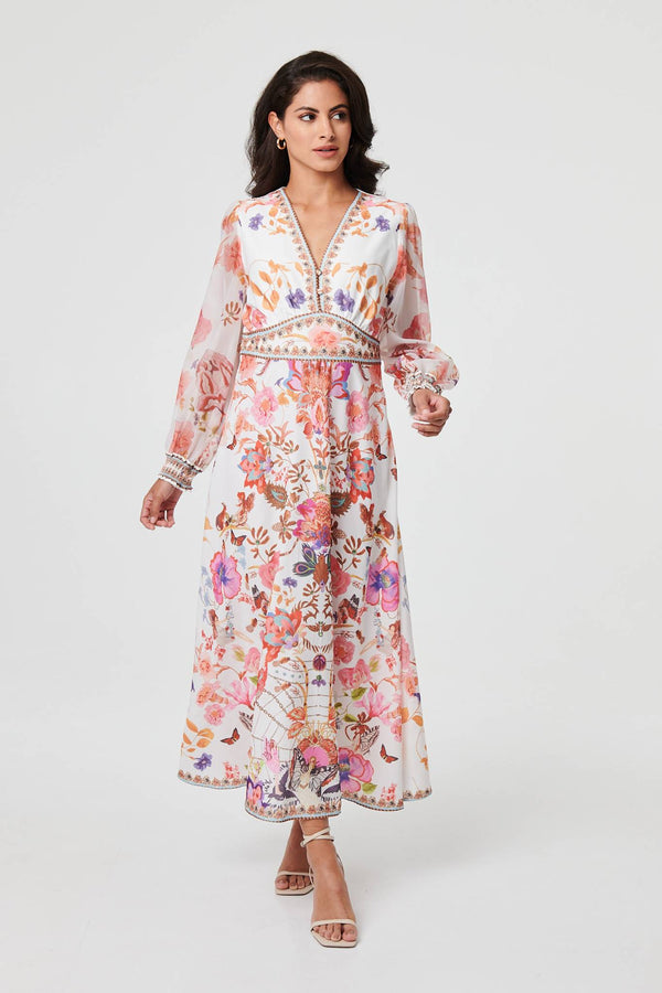 Pink | Floral Sheer Sleeve Empire Maxi Dress : Model is 5'8"/172 cm and wears UK8/EU36/US4/AUS8