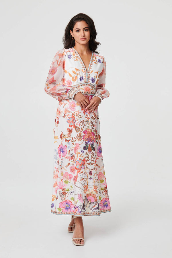 Pink | Floral Sheer Sleeve Empire Maxi Dress