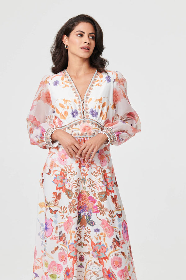 Pink | Floral Sheer Sleeve Empire Maxi Dress