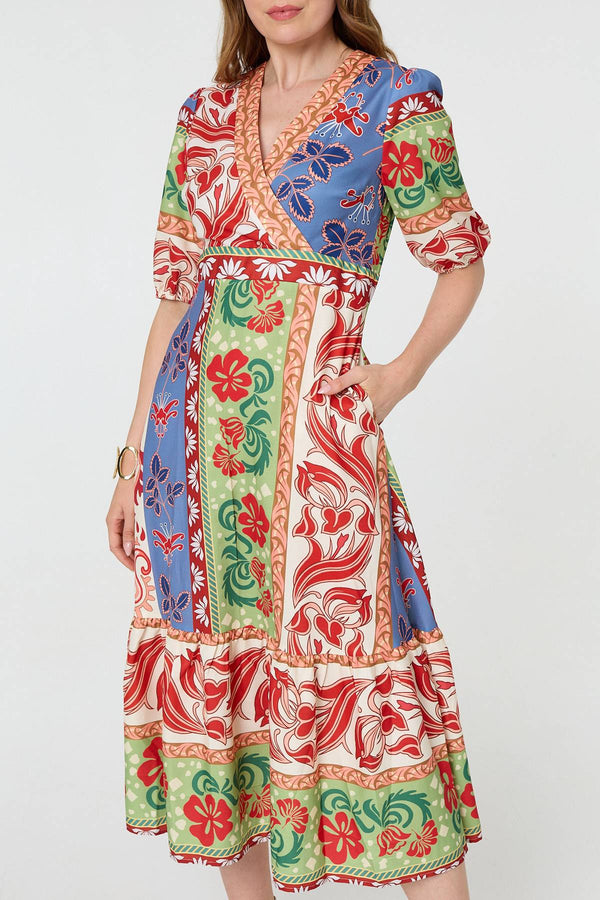 Orange | Printed 1/2 Sleeve V-Neck Midi Dress