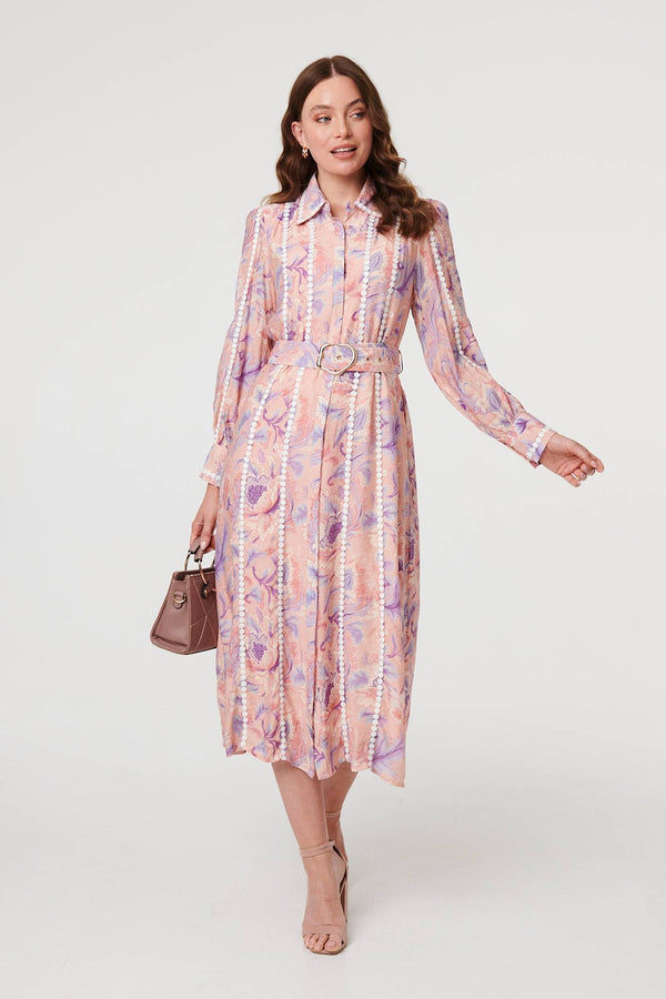 Pink | Floral Embellished Midi Shirt Dress