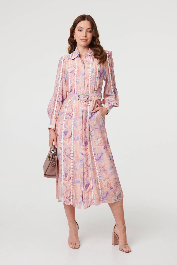 Pink | Floral Embellished Midi Shirt Dress