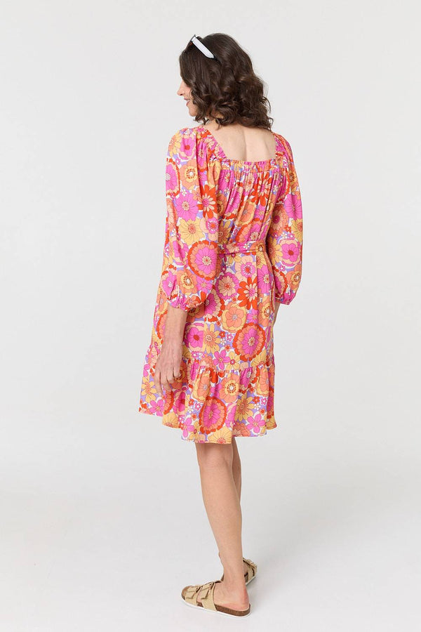 Pink | Vintage Floral Tie Waist Short Dress