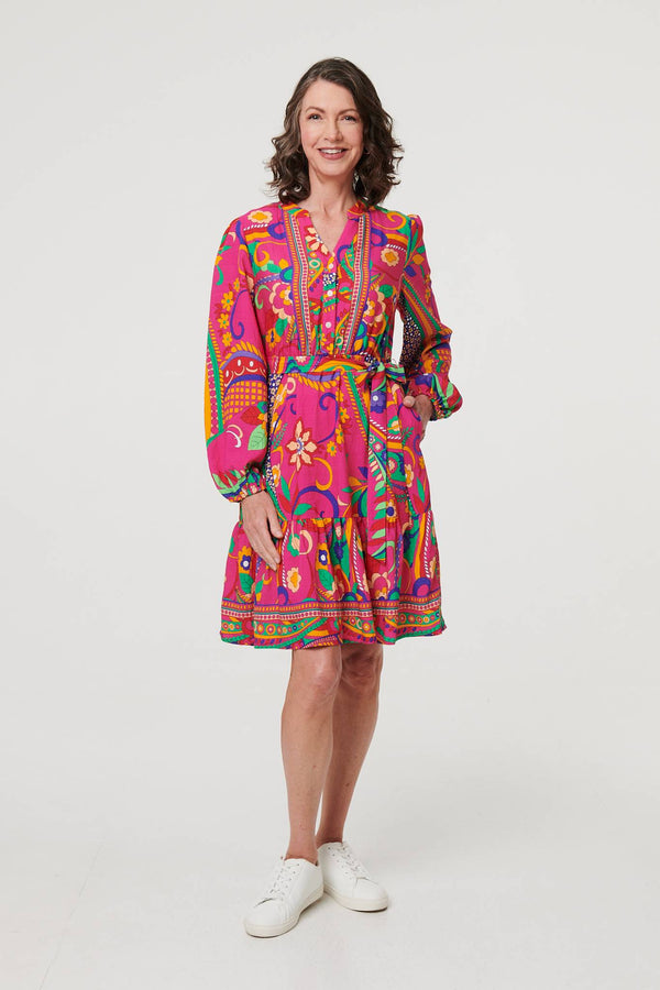 Pink | Printed Tie Waist Tiered Short Dress